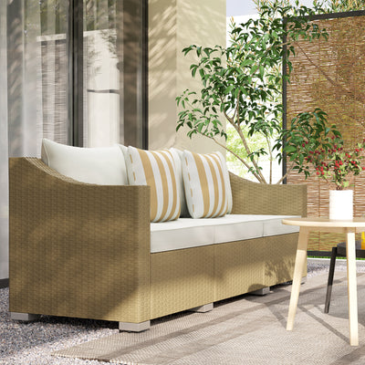 Rattan Wicker 3 Seater Patio Couch with Cushions, 2 Throw Pillows, Outdoor Furniture Rattan Sofa