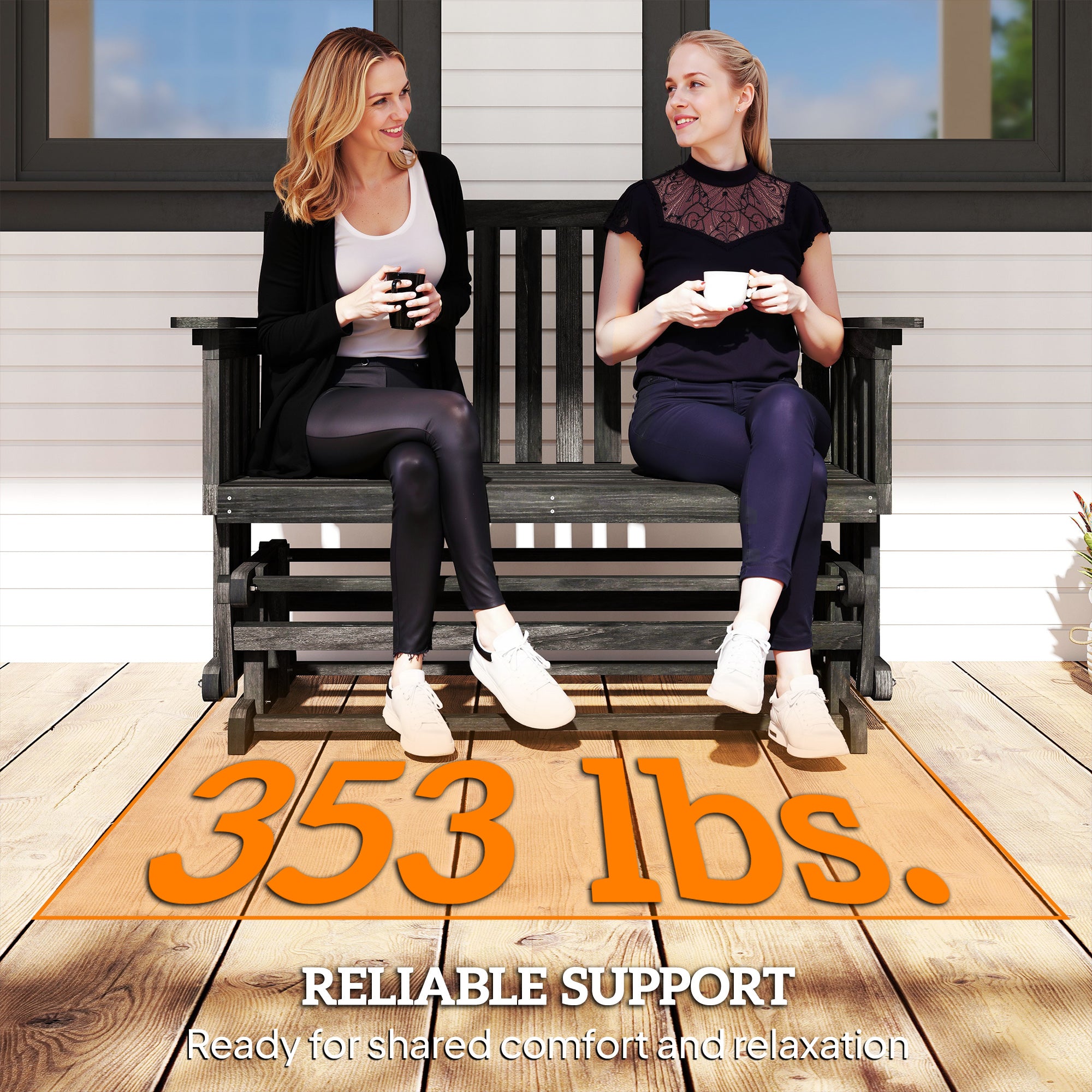 2-Person Patio Swing Glider Bench with Quick Drying Design and Wide Armrest, Wood Rocking Chair Loveseat for Backyard Garden Porch