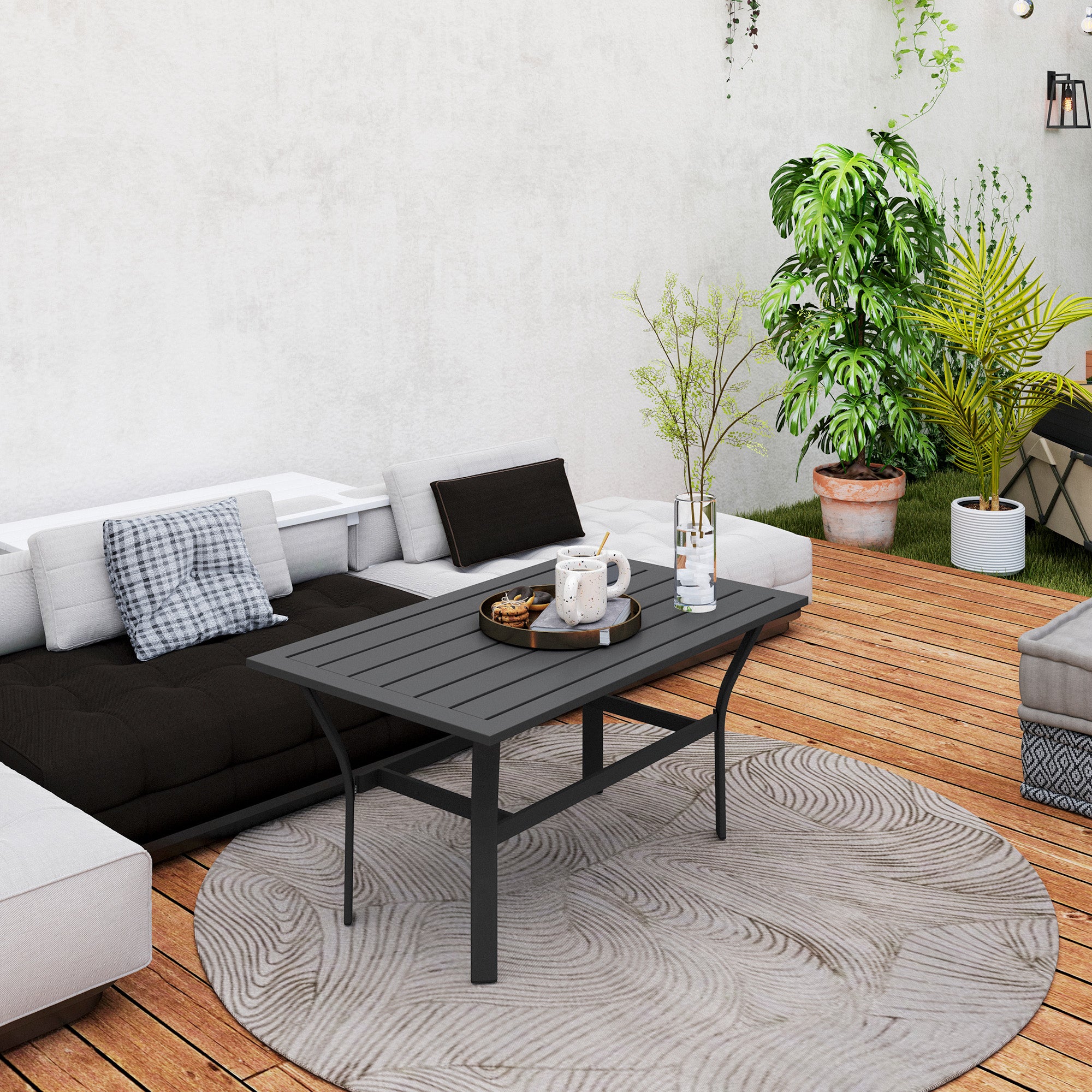 Outdoor Coffee Table with Slatted Tabletop, All-Weather Rectangle Metal Patio Coffee Table for Garden