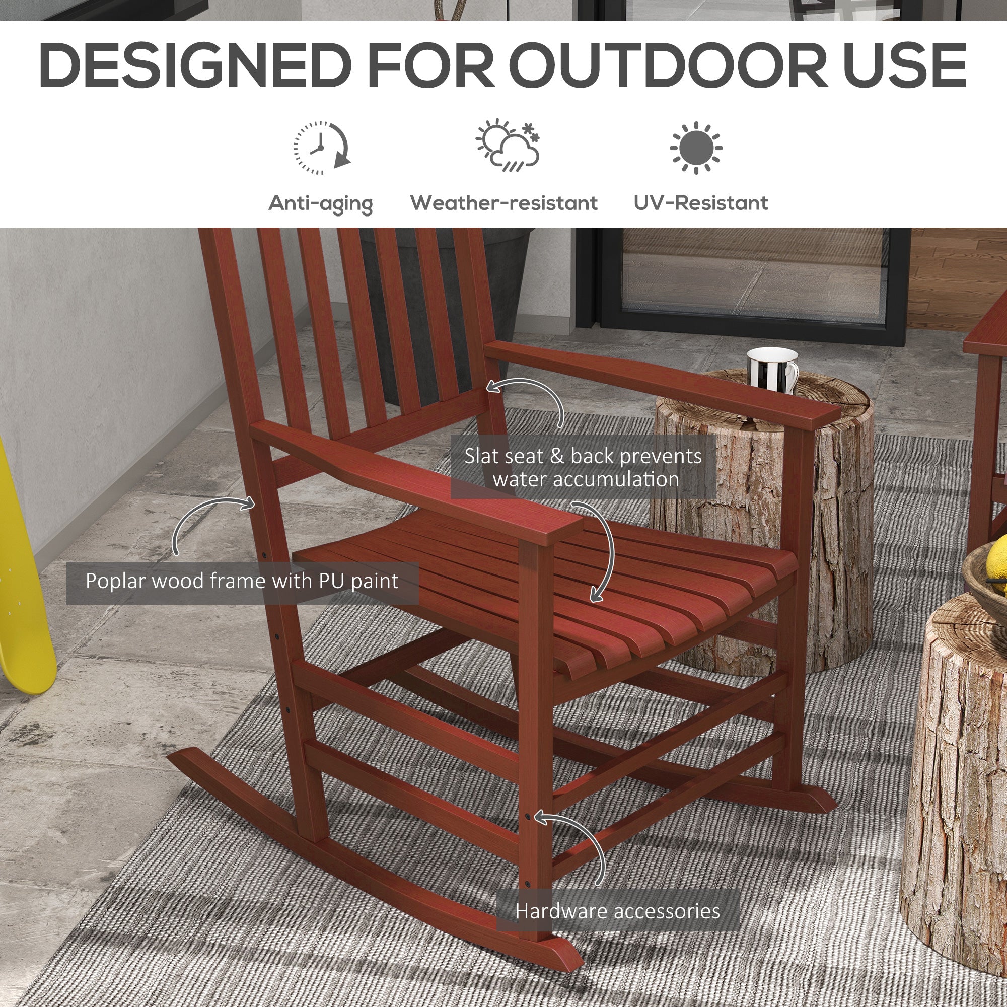 Outdoor Rocking Chair Set of 2, Patio Rocking Chair with Smooth Curves, High Density Wooden Rockers for Lawn Garden Porch, Supports Up to 350lbs