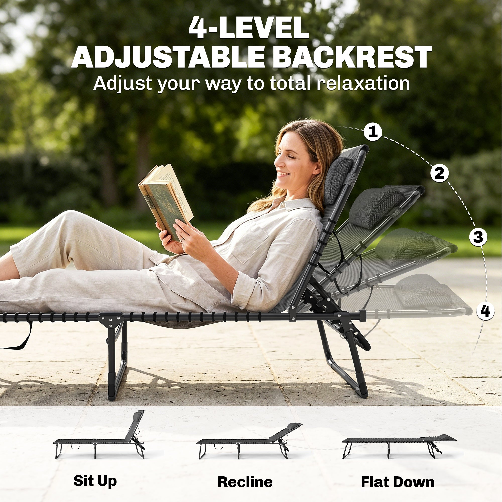 2 Folding Chaise Lounge Pool Chairs with 4-Position Reclining Back, Pillow, Breathable Mesh & Bungee Seat