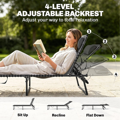 2 Folding Chaise Lounge Pool Chairs with 4-Position Reclining Back, Pillow, Breathable Mesh & Bungee Seat