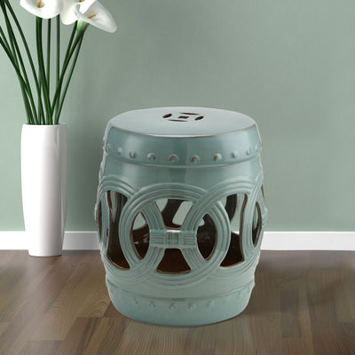 14" x 17" Ceramic Garden Stool with Double-Coin Knotted Ring Design & Strong Glazed Material, Decorative End Table, Home Collection