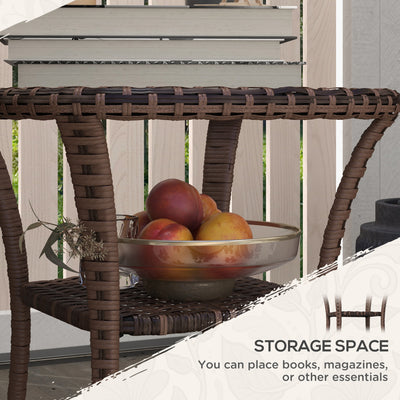Outdoor Coffee Table with Storage Shelf, Hand-Woven Wicker Side Table with Water-Ripple Glass Top