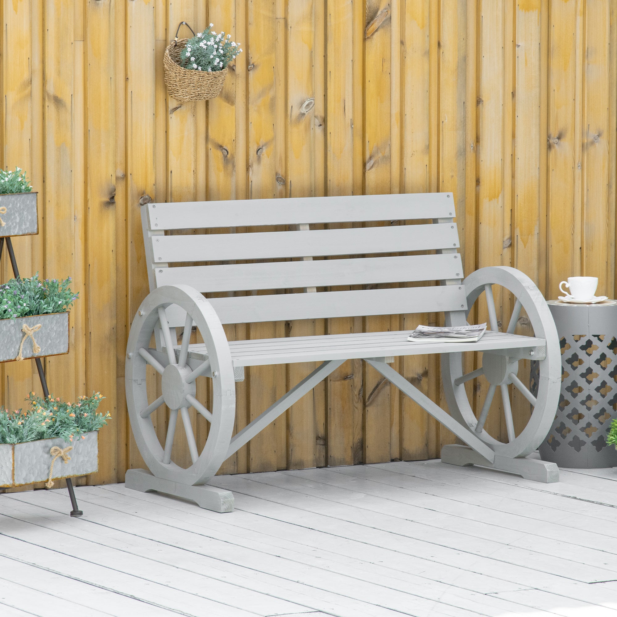 41" Wooden Wagon Wheel Bench, Rustic Outdoor Patio Weather Resistance Furniture, 2-Person Slatted Seat Bench with Backrest, Light Gray
