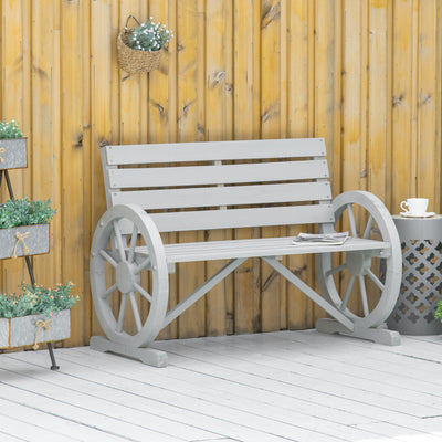 41" Wooden Wagon Wheel Bench, Rustic Outdoor Patio Weather Resistance Furniture, 2-Person Slatted Seat Bench with Backrest, Light Gray