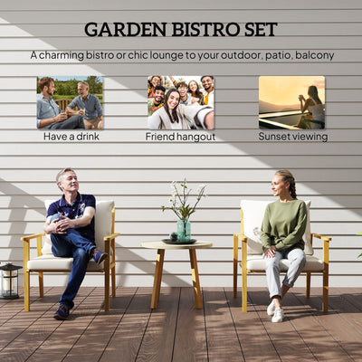 3 Piece Outdoor Bistro Set, Wood Effect Metal Patio Set with Wide and Deep Chairs, Round Table, Cushions, Cream White