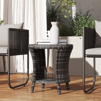 18" Wicker Outdoor Coffee Table, PE Rattan Patio Side Table with 2-Tier Storage, Composite Wood Top