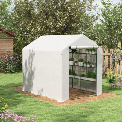 Outdoor Walk-in Greenhouse with Roll-up Zipper Door, 18 Shelves, PE Cover, 95.25" x 70.75" x 82.75", White