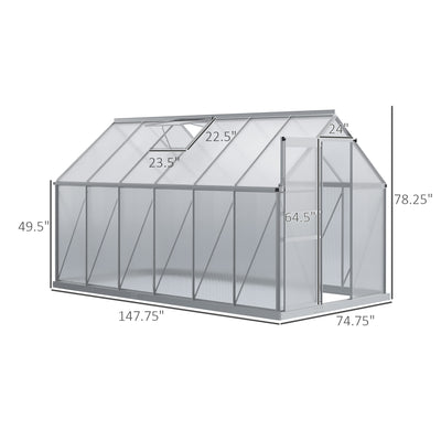 6' x 6' x 6.5' Polycarbonate Greenhouse with Aluminum Frame, Walk-in Heavy Duty Green House with Adjustable Roof Vent, Rain Gutter and Sliding Door for Winter, Silver