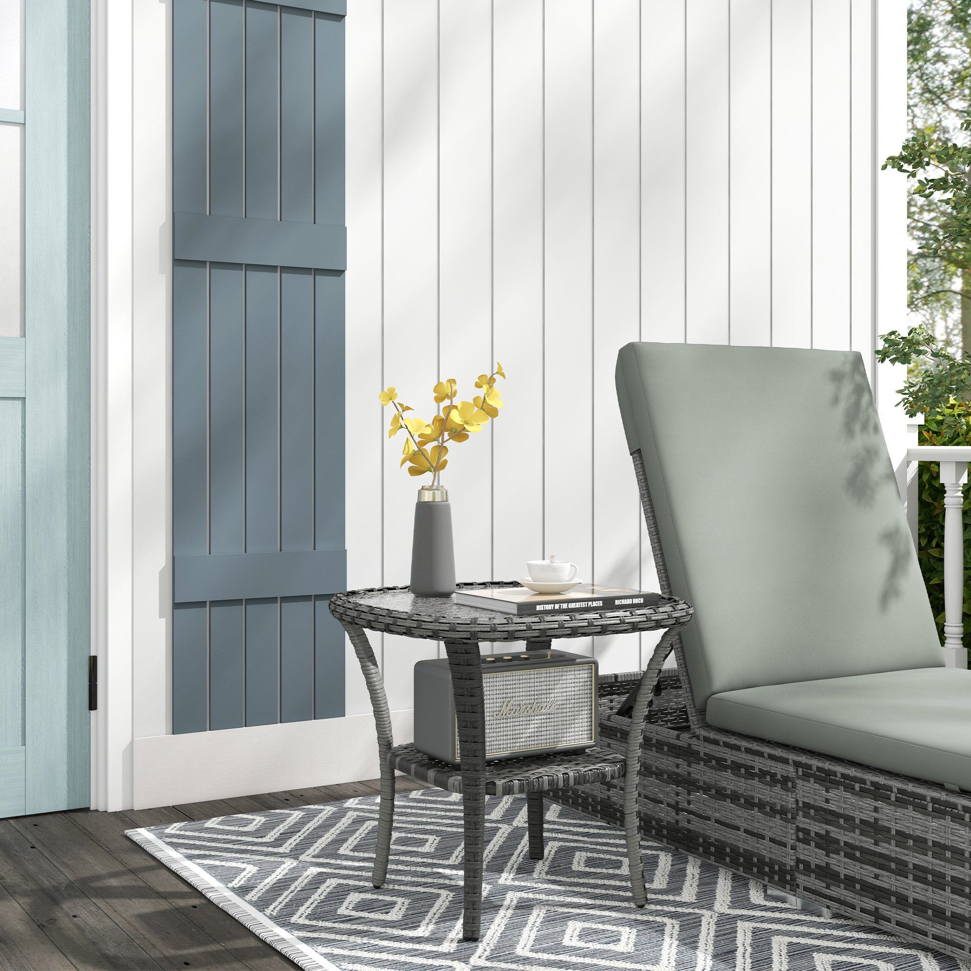Outdoor Coffee Table with Storage Shelf, Hand-Woven Wicker Side Table with Water-Ripple Glass Top