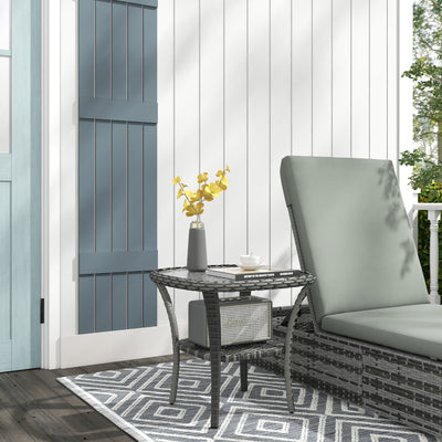 Outdoor Coffee Table with Storage Shelf, Hand-Woven Wicker Side Table with Water-Ripple Glass Top