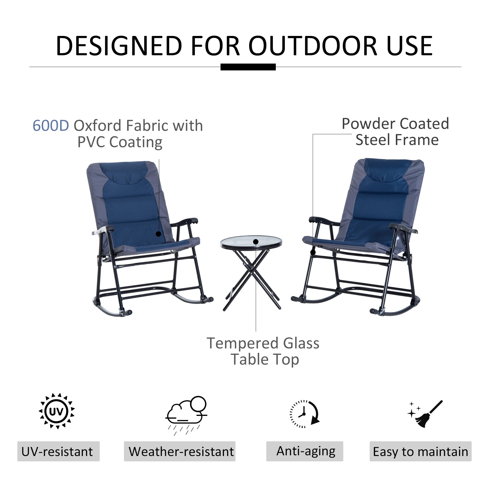 3 Piece Outdoor Folding Rocking Chair and Table Set - Blue and Gray