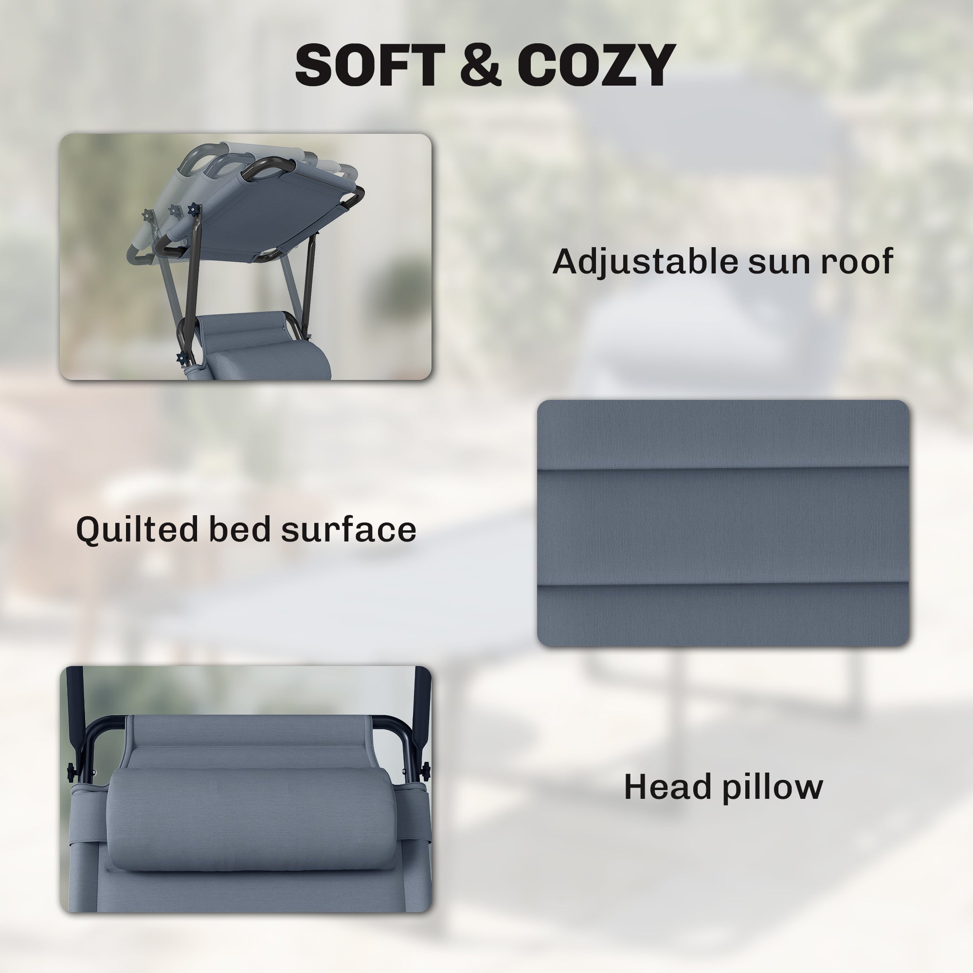 Outdoor Lounge Chair, 4 Position Adjustable Backrest, Folding, Cushioned w/ Sun Shade Roof & Pillow