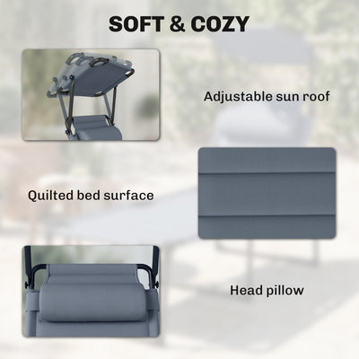 Outdoor Lounge Chair, 4 Position Adjustable Backrest, Folding, Cushioned w/ Sun Shade Roof & Pillow