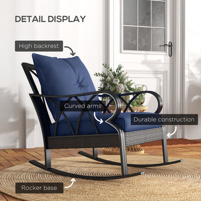 2 Piece Outdoor Wicker Rocking Chairs Rattan Porch Rockers with Cushions, Aluminum Frame for Garden, Patio, Blue