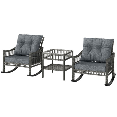 3 Piece Outdoor PE Rattan Rocker Chair Set, Rocking Chair with Tempered Glass Table Top