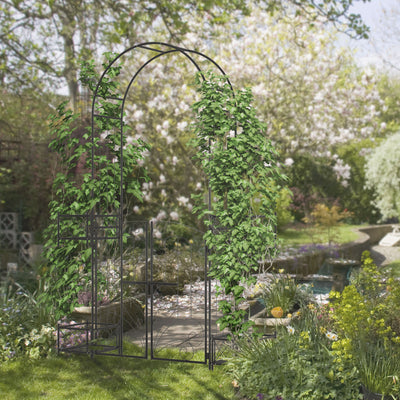 7' Garden Arch Arbor, Metal Arch Trellis with Gate, Garden Archway for Climbing Vines, Wedding Ceremony Decoration, Black