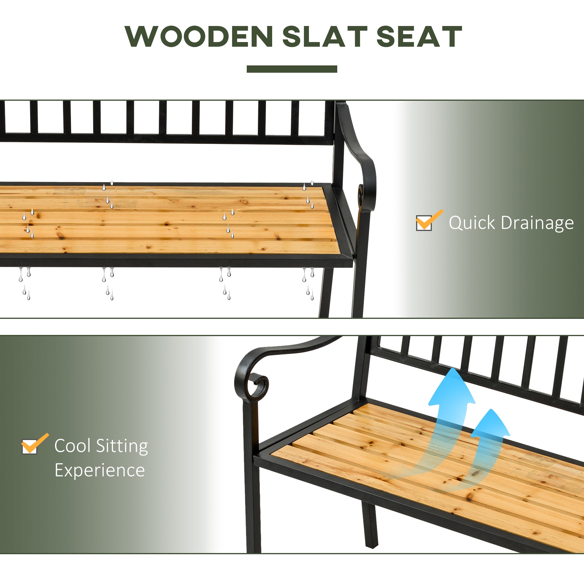 50" Garden Bench, Patio Loveseat with Antique Backrest, Wood Seat and Steel Frame for Backyard or Porch