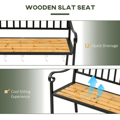 50" Garden Bench, Patio Loveseat with Antique Backrest, Wood Seat and Steel Frame for Backyard or Porch