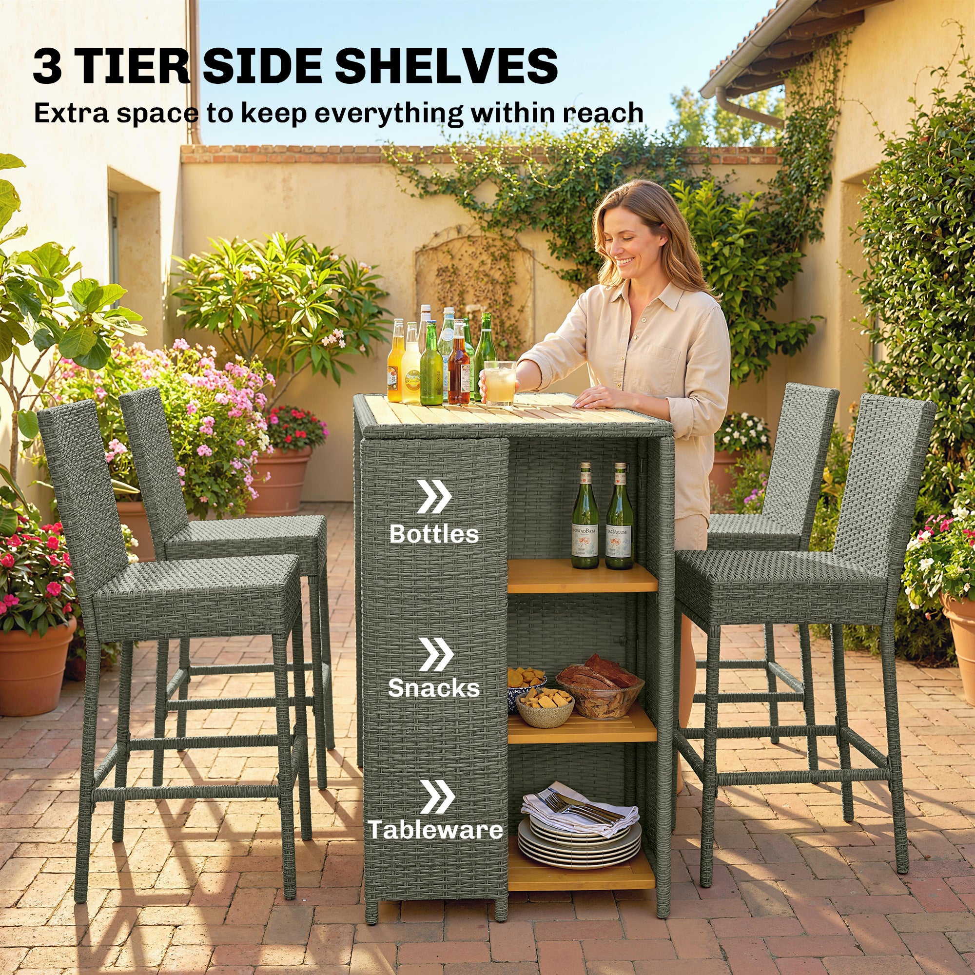 5 Piece Wicker Outdoor Bar Set, Acacia Wood Outdoor High Top Table and Chairs with 3 Tier Shelves, Cushions