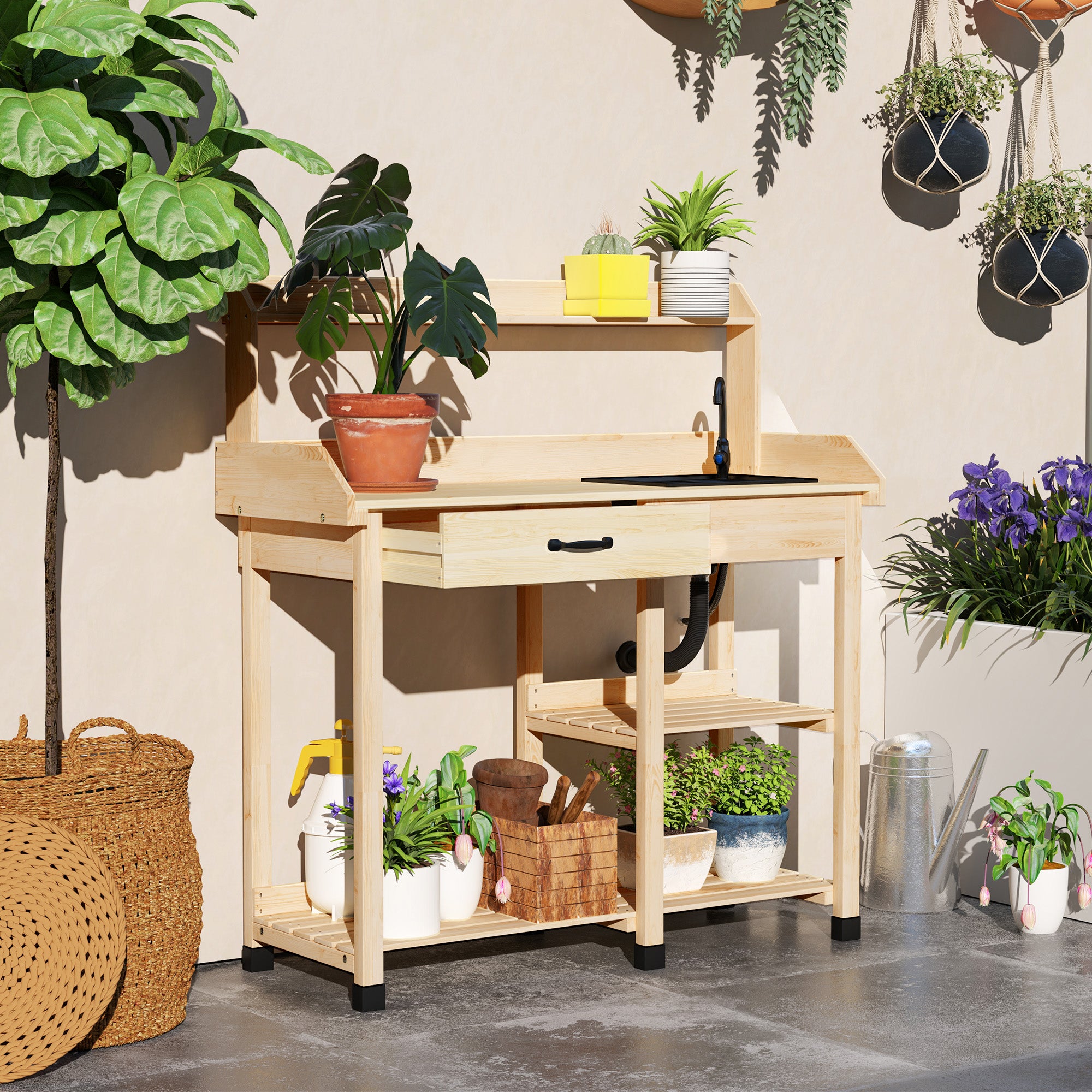 Potting Bench Table, Outdoor Garden Table Wooden Work Station with Removable Sink, Faucet, Drawer, Shelves, Hooks
