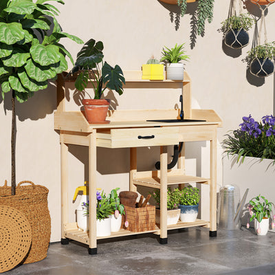 Potting Bench Table, Outdoor Garden Table Wooden Work Station with Removable Sink, Faucet, Drawer, Shelves, Hooks