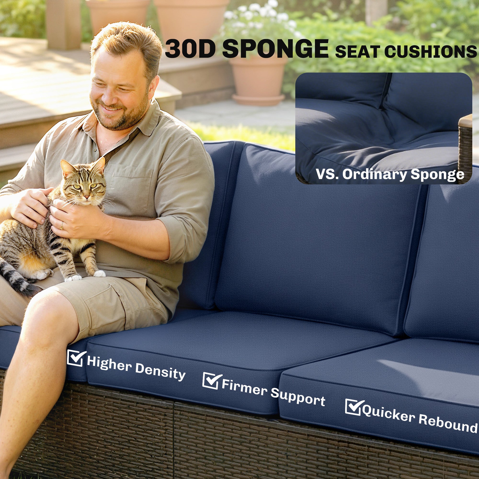 3 Seater Outdoor Couch Sofa, PE Wicker Patio Sofa, Wide Deep Seat, 4" Cushions, Wood-Effect Armrests Legs