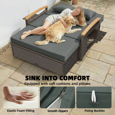 Rattan Outdoor Daybed w/4-Level Adjustable Backrest, Patio Sofa Bed w/Storage Ottoman, Acacia Wood Armrest
