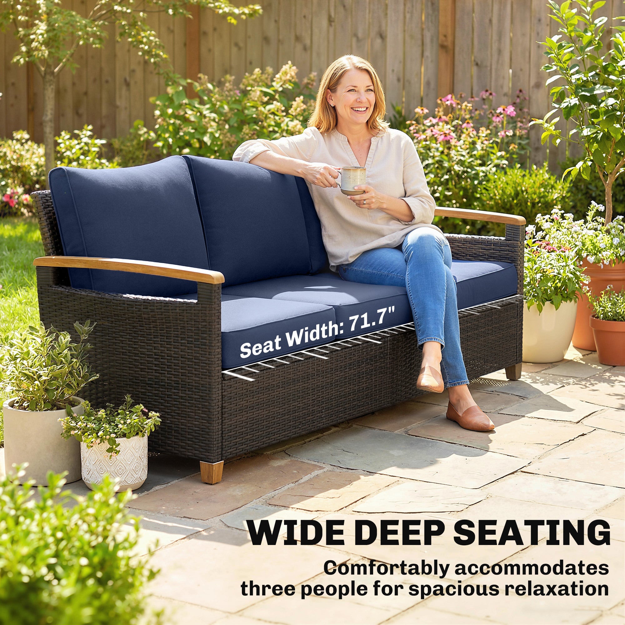 3 Seater Outdoor Couch Sofa, PE Wicker Patio Sofa, Wide Deep Seat, 4" Cushions, Wood-Effect Armrests Legs