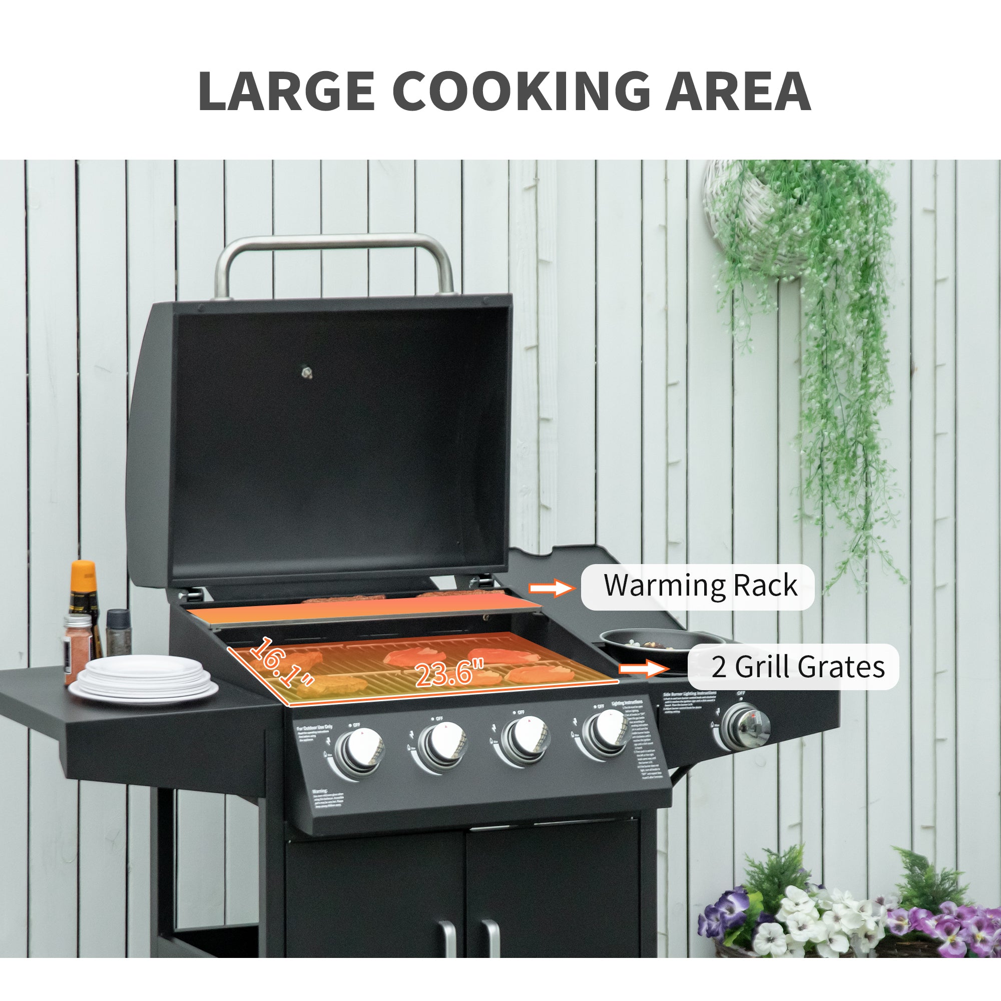 52" Barbecue Grill with Wheels 4+1 Burner Liquid Propane Gas Grill Outdoor Cabinet Style BBQ Trolley w/ Side Burner