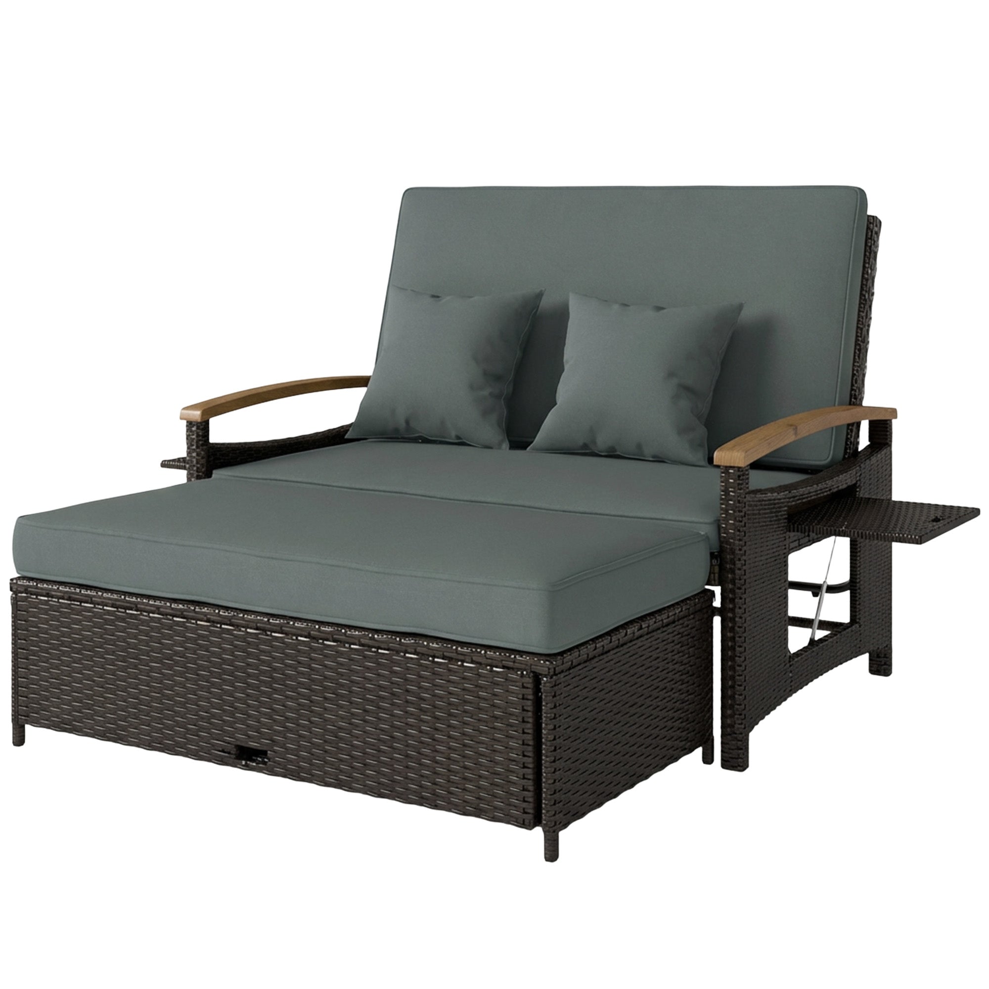 Rattan Outdoor Daybed w/4-Level Adjustable Backrest, Patio Sofa Bed w/Storage Ottoman, Acacia Wood Armrest