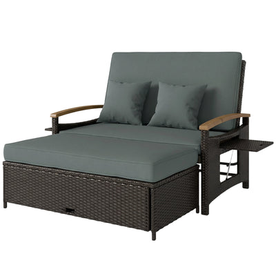 Rattan Outdoor Daybed w/4-Level Adjustable Backrest, Patio Sofa Bed w/Storage Ottoman, Acacia Wood Armrest