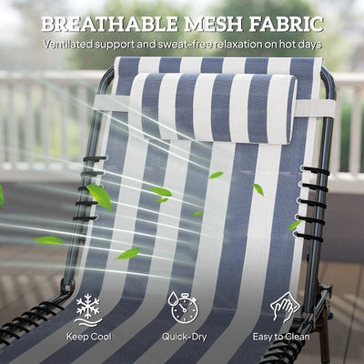 Folding Chaise Lounge Pool Chair with 4-Position Reclining Back, Pillow, Breathable Mesh & Bungee Seat, Blue & White