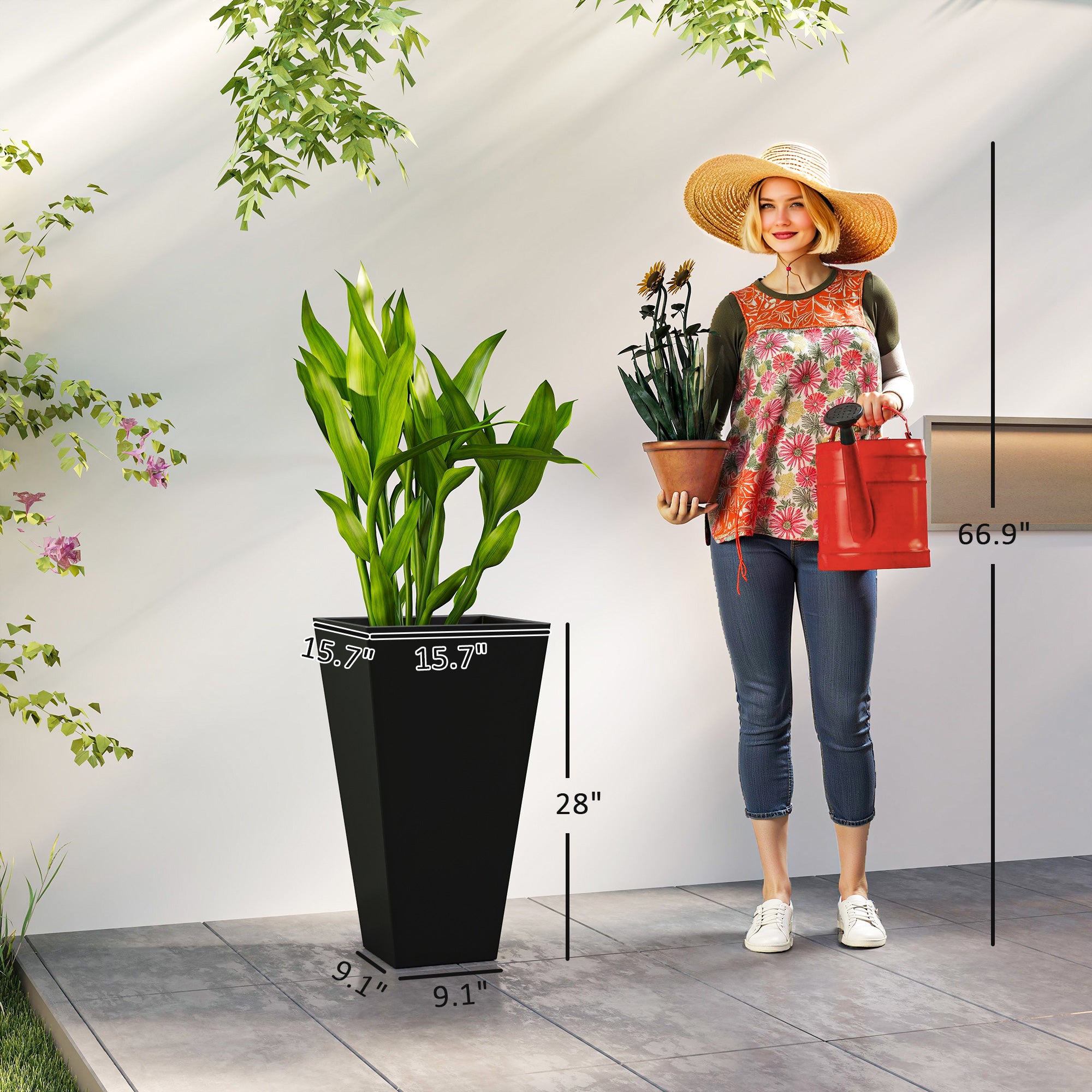 Tall Planters for Outdoor Plants Set of 3, 28 In Taper Planters with Drainage Holes, Indoor Grande Plant Pots, Front Porch Decor (Black)