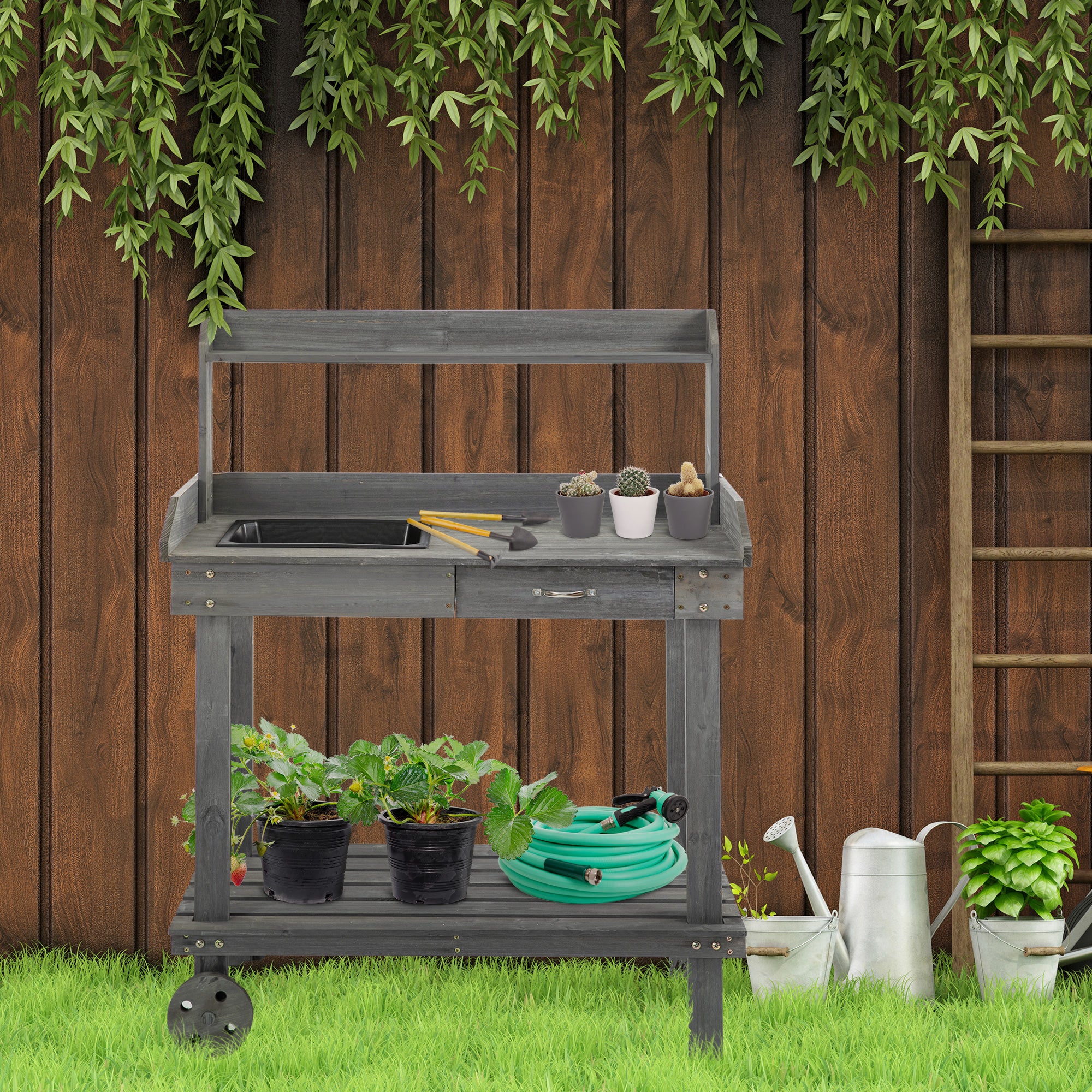 36'' Wooden Potting Bench Work Table with 2 Removable Wheels, Sink, Drawer & Large Storage Spaces