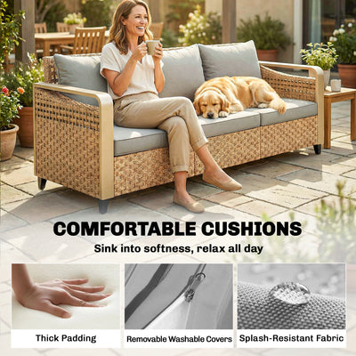Rattan Wicker Sofa 3-Seater Outdoor Patio Sofa with Cushions for Garden Backyard Porch