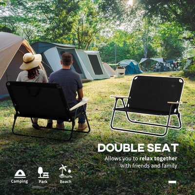 Double Folding Camping Chair, Loveseat for 2 Adults, Portable Camping Couch with Wood Armrest & Cupholders, for Backpacking, Beach, Sports Travel