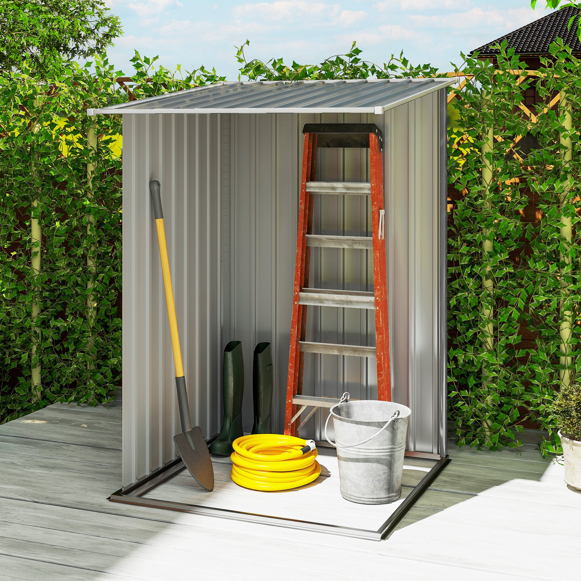Outdoor 3.3' x 3.4' Lean-to Garden Storage Shed, Galvanized Steel Tool House with Lockable Door for Patio