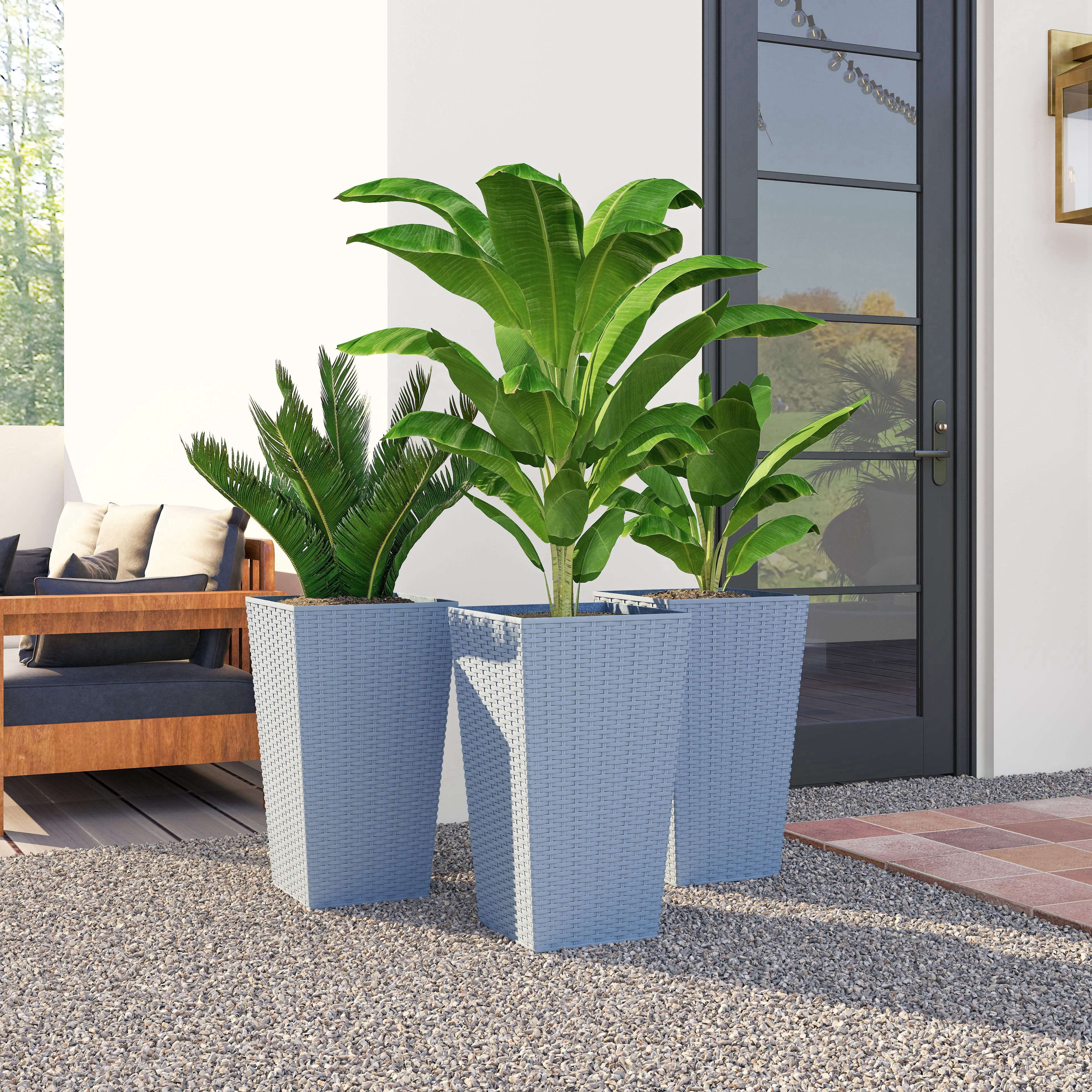 Tall Planters for Outdoor Plants Set of 3, 24 In Taper Planters with Drainage Holes, Rattan Decor Plant Pots