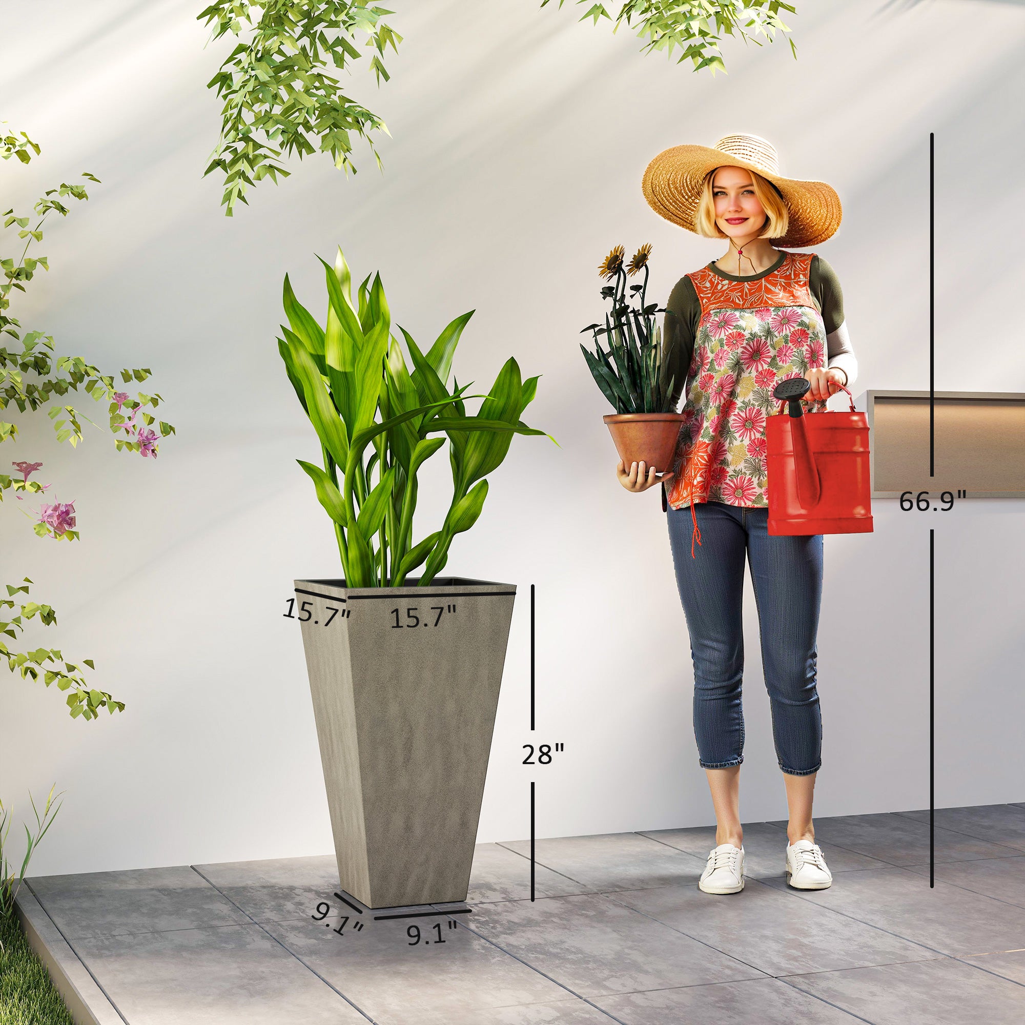 Tall Planters for Outdoor Plants Set of 3, 28 In Taper Planters with Drainage Holes, Indoor Grande Plant Pots, Front Porch Decor, Grey