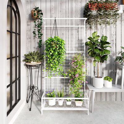 Metal Tall Plant Stand with Trellis and Hanging Bar, Plant Holder for Indoor Outdoor Use, 35" x 12.8" x 74", White