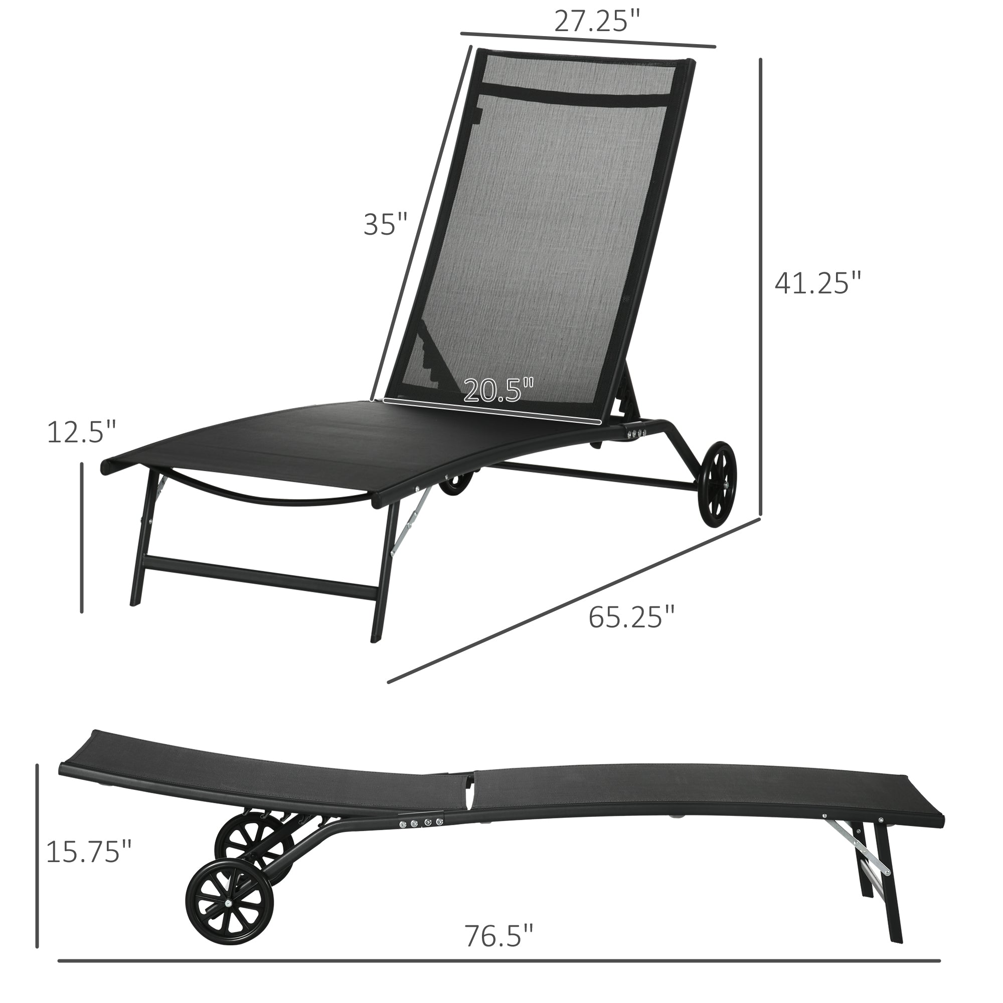 Chaise Lounge Outdoor, 2 Piece Lounge Chair with Wheels, Tanning Chair with 5 Adjustable Positions for Patio, Beach, Yard, Pool