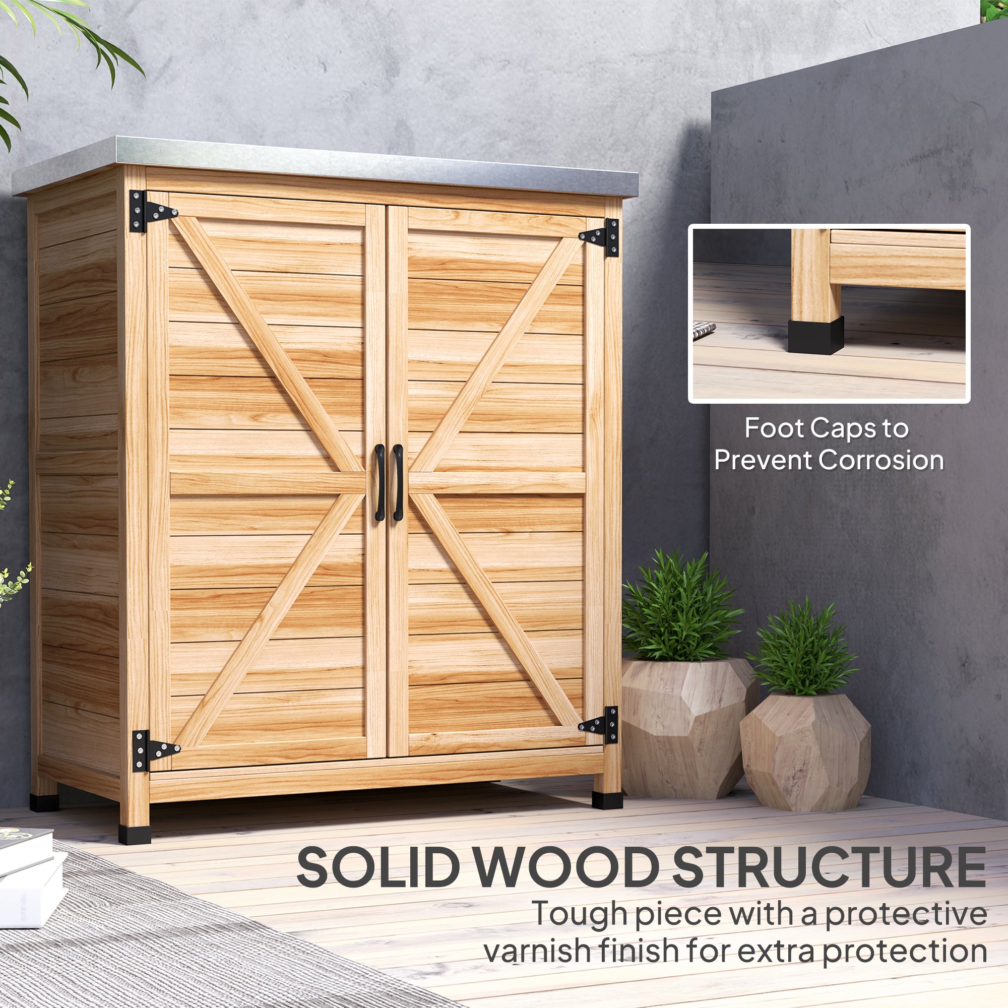 Wooden Storage Cabinet, Outdoor Prep Table with Metal Tabletop, Shelves and Double Doors for Patio, Garden