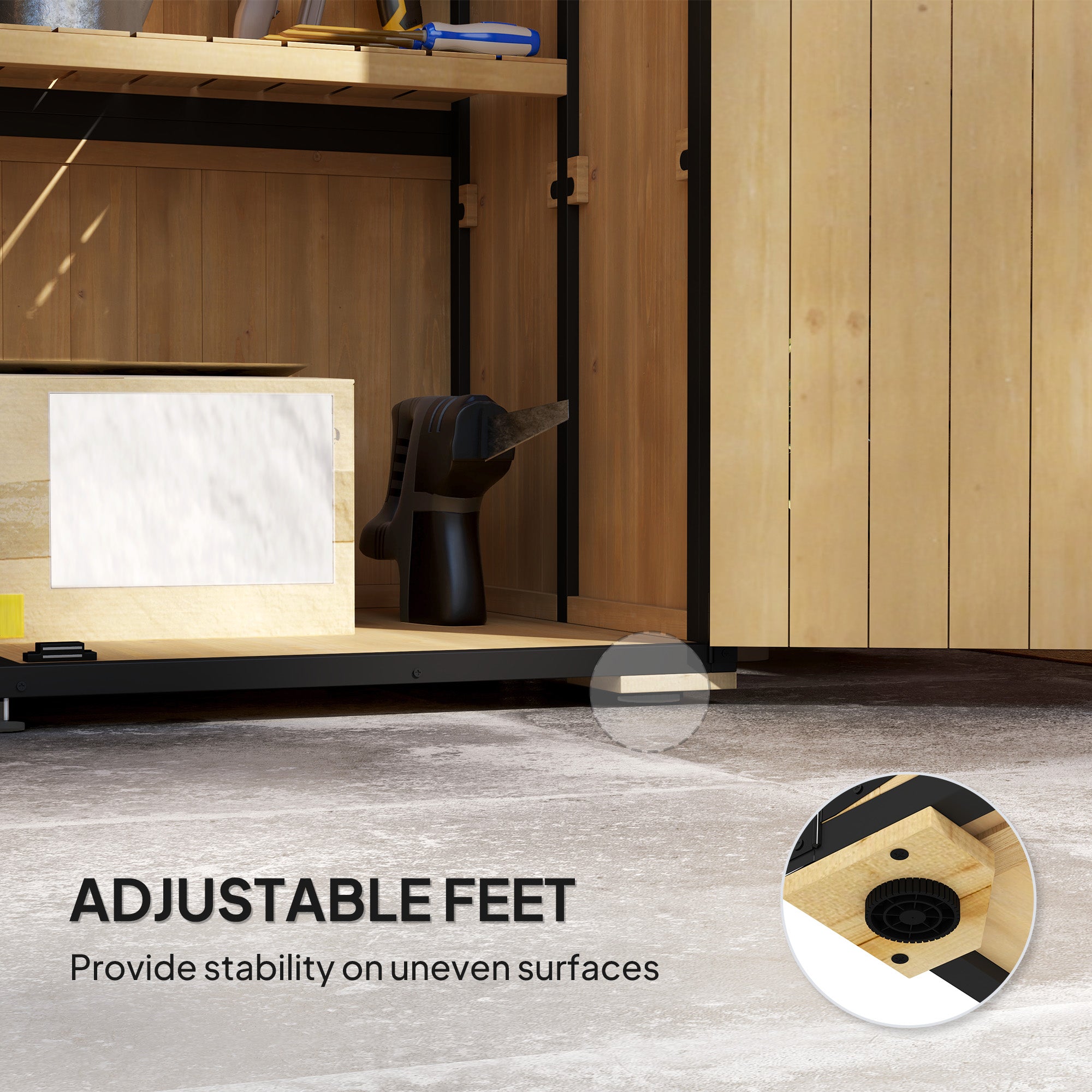 Wood Storage Shed, Outdoor Garden Shed with Asphalt Roof, 2 Shelves, Lockable Doors and Adjustable Feet