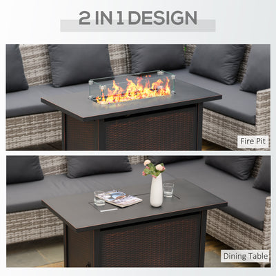 43 Inch Outdoor Propane Gas Fire Pit Table, 50,000 BTU Auto-Ignition Rectangular Wicker-effect Gas Firepit with Glass Wind Guard, Lid, Glass Beads, Steel Base, CSA Certification, Bronze