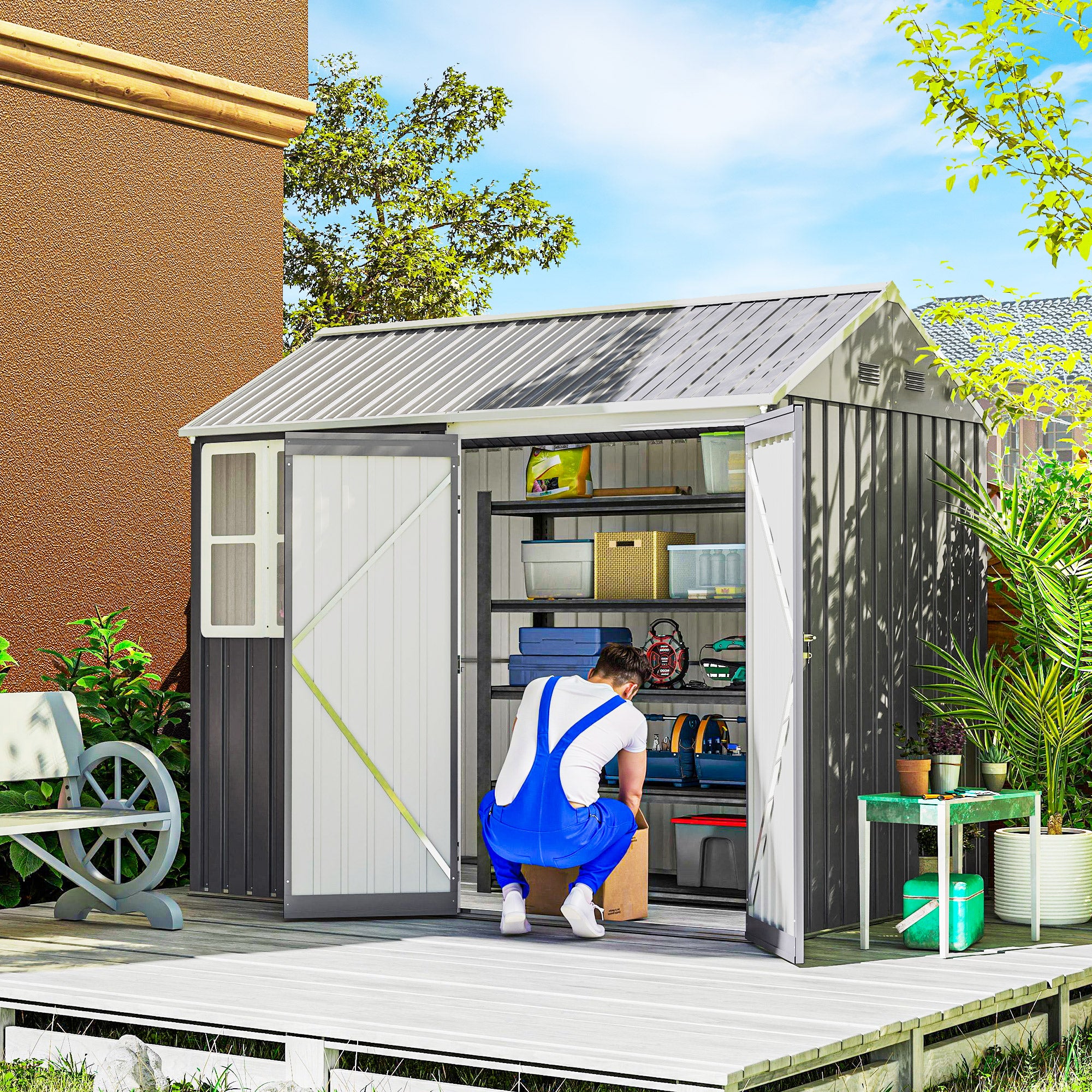 8' x 5.5' Metal Garden Storage Shed, Extra Large Outdoor Tool Storage House w/Lockable Doors, Window, Air Vents