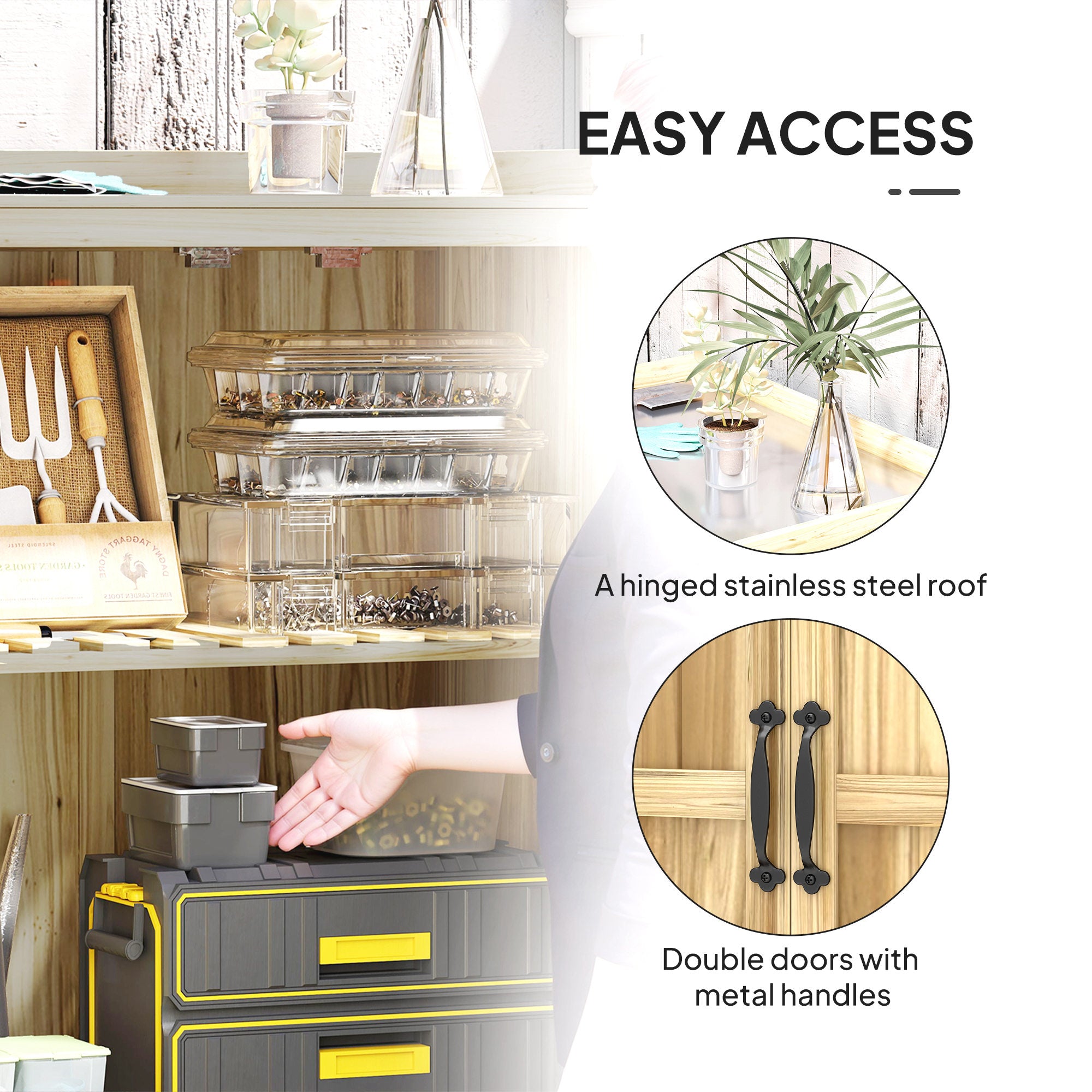 Outdoor Storage Cabinet, Garden Tool Shed with Metal Tabletop and Shelf, Wooden Potting Bench with 2 Doors