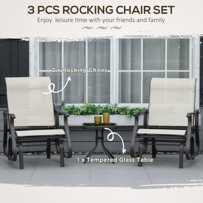 3-Piece Outdoor Gliders Set Bistro Set with Steel Frame, Tempered Glass Top Table for Patio, Garden, Backyard, Lawn