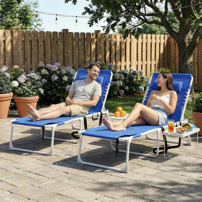 Tanning Chair Set of 2 with Face Hole and Side Table, 5-Position Folding Outdoor Chaise Lounge Chair